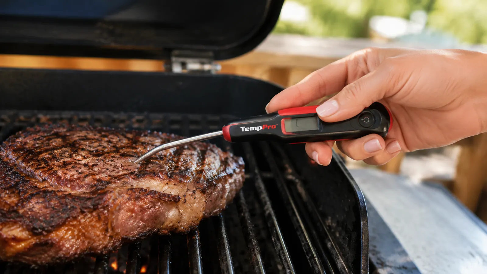 Hand inserting a thermometer probe into a thick steak on a grill