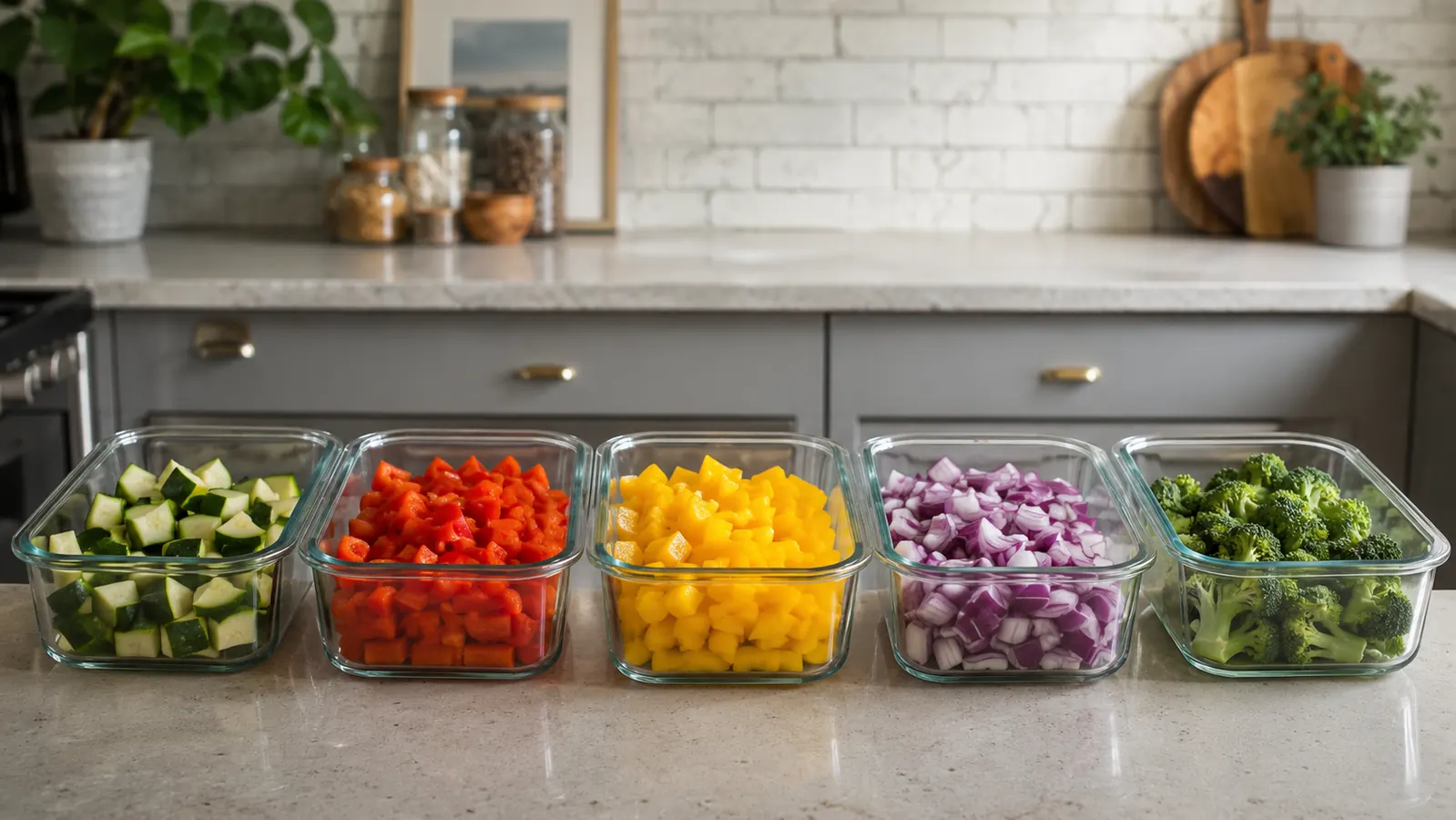Meal prep containers filled with diced vegetables lined up on a counter