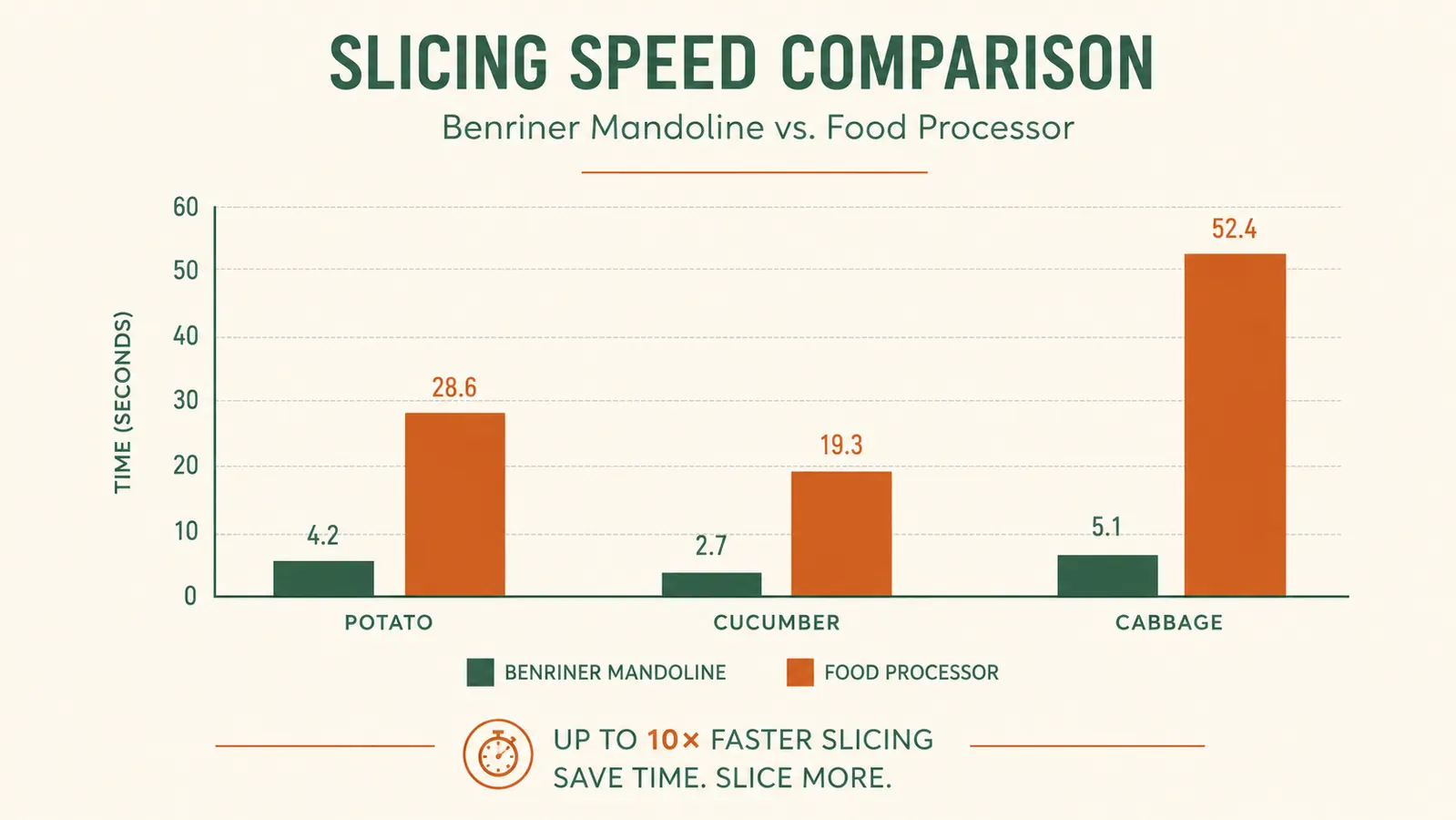 Bar chart comparing slicing time in seconds for the Benriner mandoline versus a food processor across potato, cucumber, and cabbage