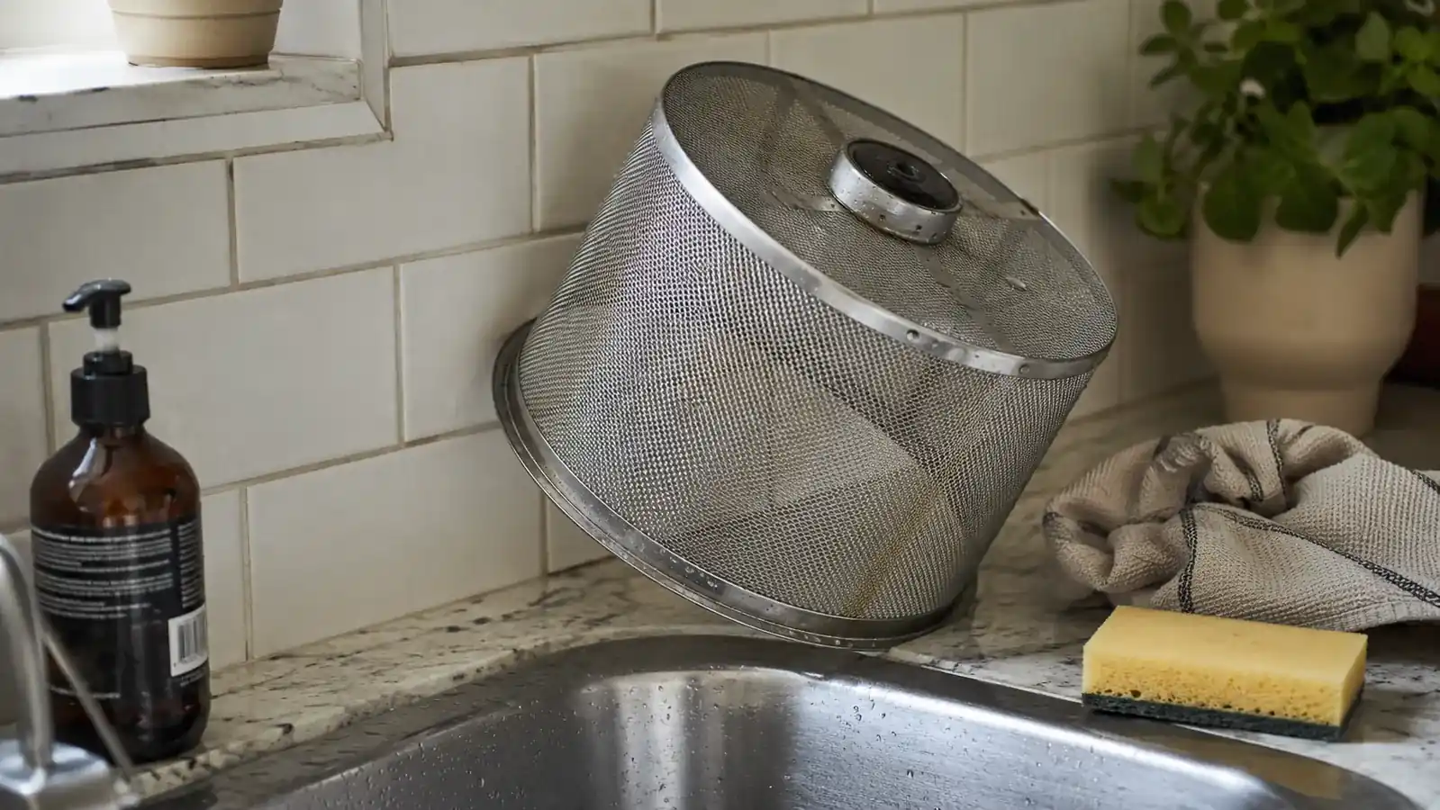 Salad spinner basket propped at an angle against the backsplash to air dry near the sink