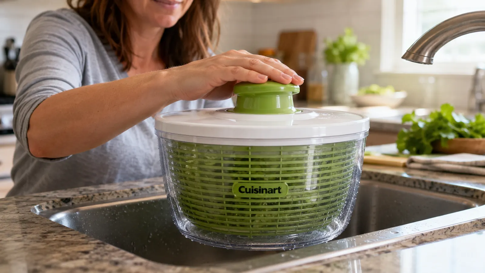 A hand pressing the pump top of a Cuisinart salad spinner to dry washed lettuce over a kitchen sink