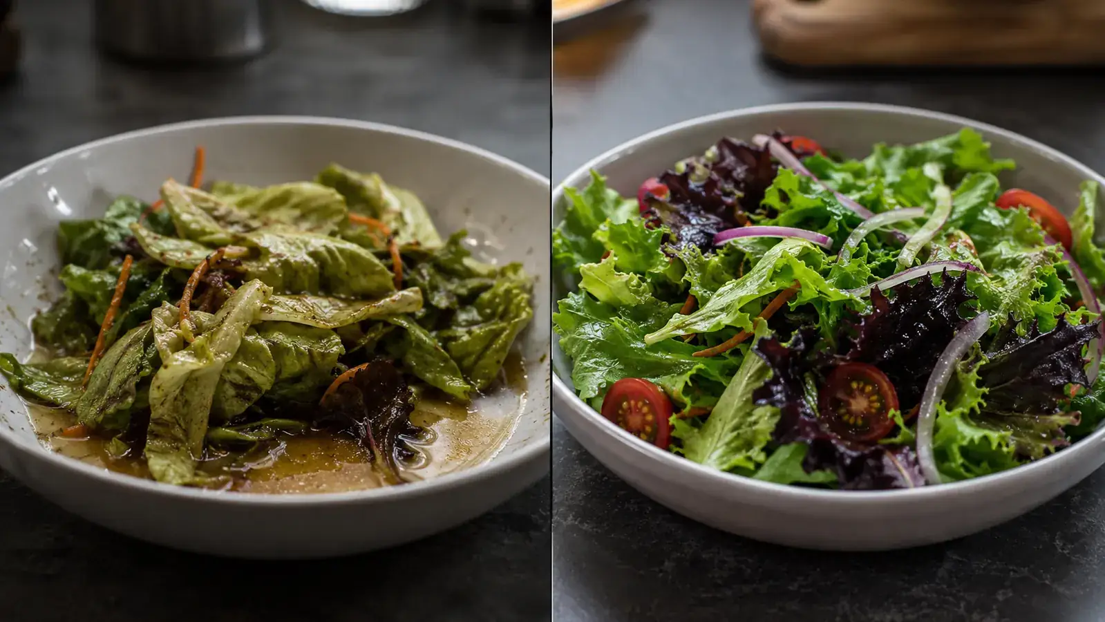 Side-by-side comparison of a soggy, watery dressed salad next to a crisp, dry salad on a wood counter