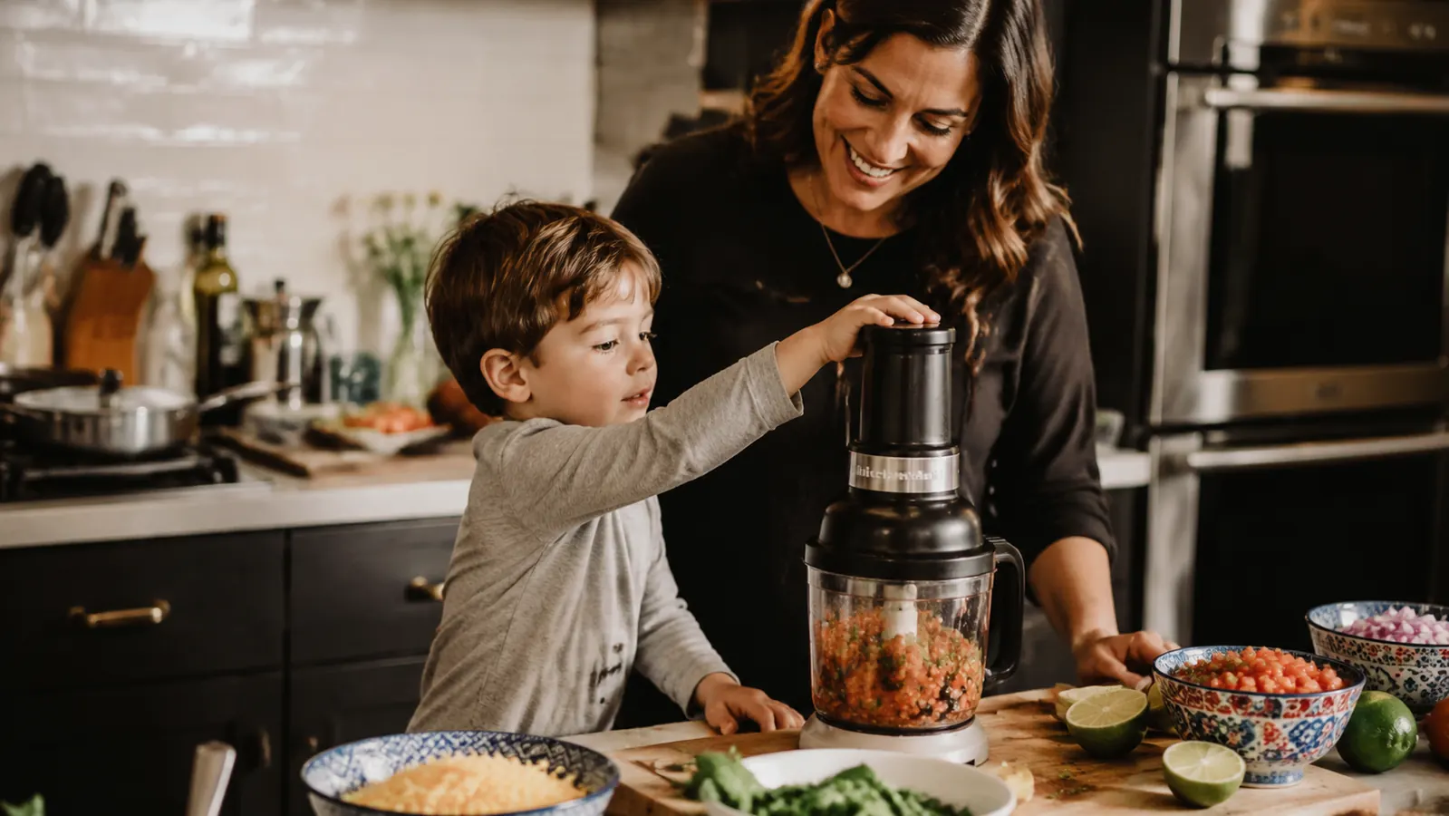 Two kids at a kitchen counter helping press the chopper handle while a bowl of salsa ingredients sits nearby
