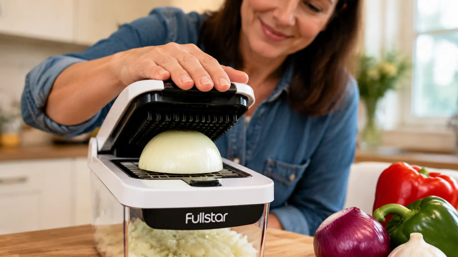 Hand pressing down on the Fullstar chopper lid to dice an onion into the container below