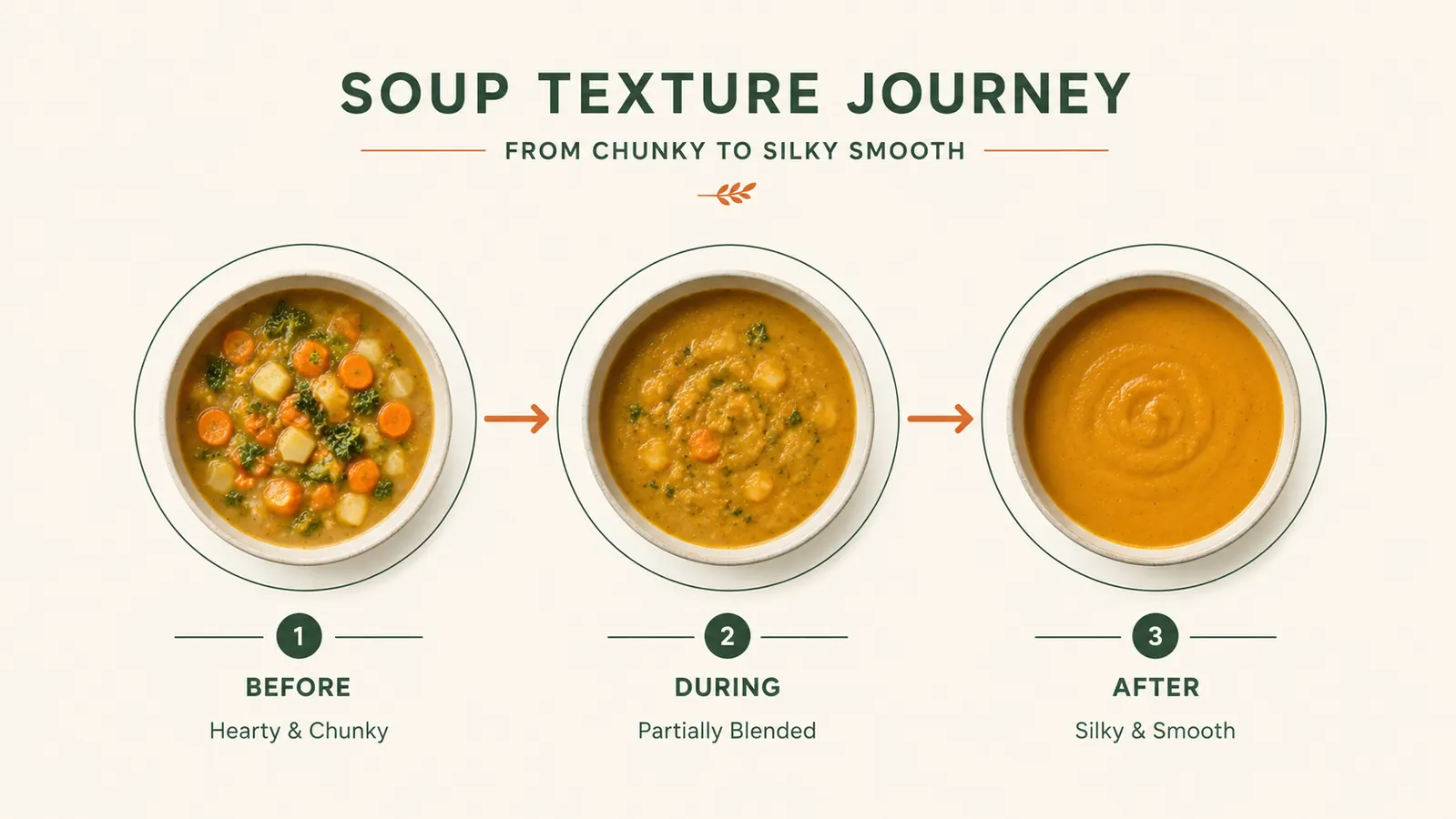 Diagram comparing soup texture at three blending stages, from chunky to partially smooth to fully silky
