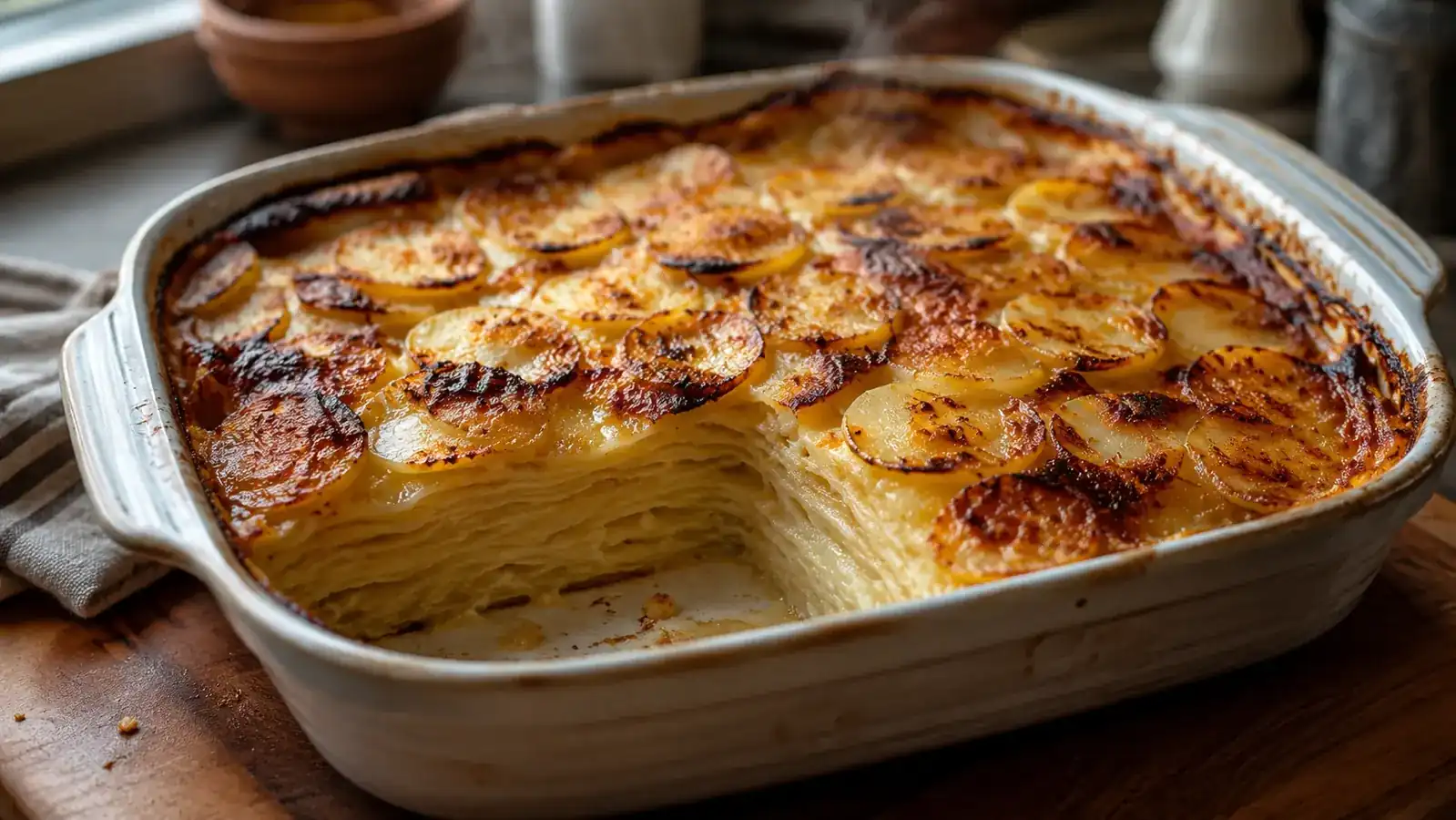 Finished potato gratin in a baking dish with visibly even, thin-layered slices