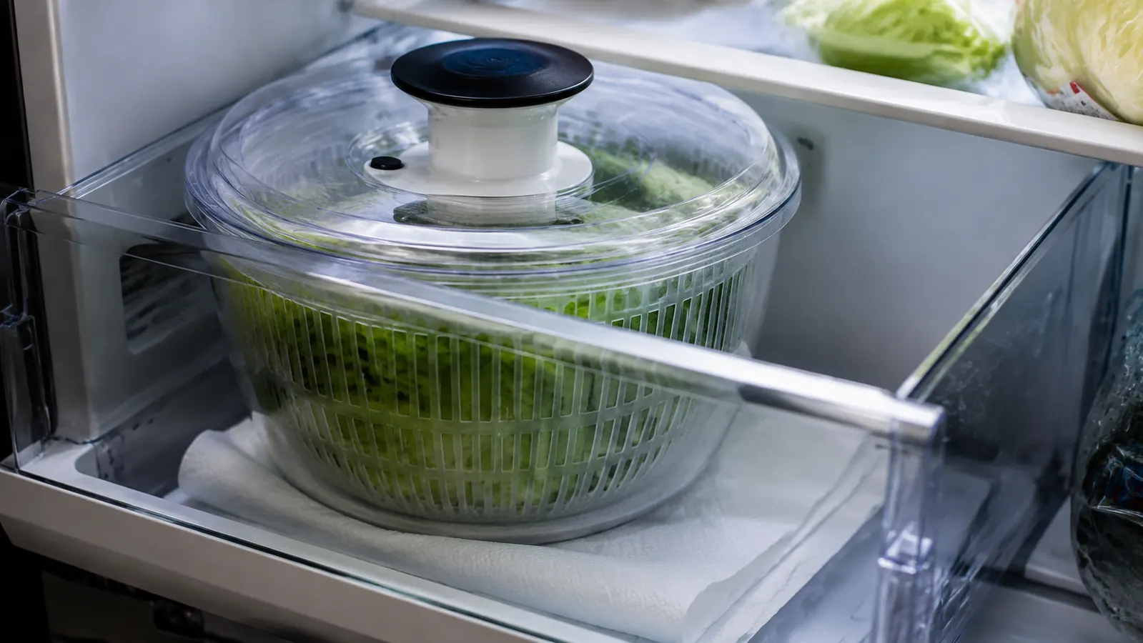 Open refrigerator drawer with a salad spinner bowl stocked with dry lettuce leaves lined with a paper towel