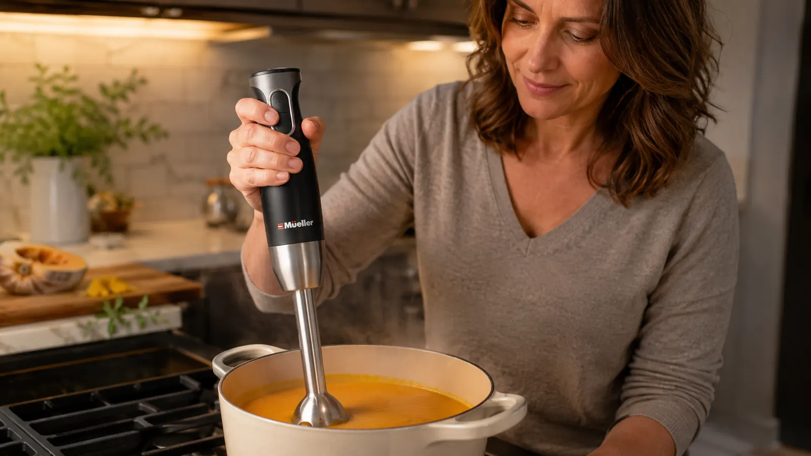 Hand holding the Mueller immersion blender directly into a pot of soup on the stovetop