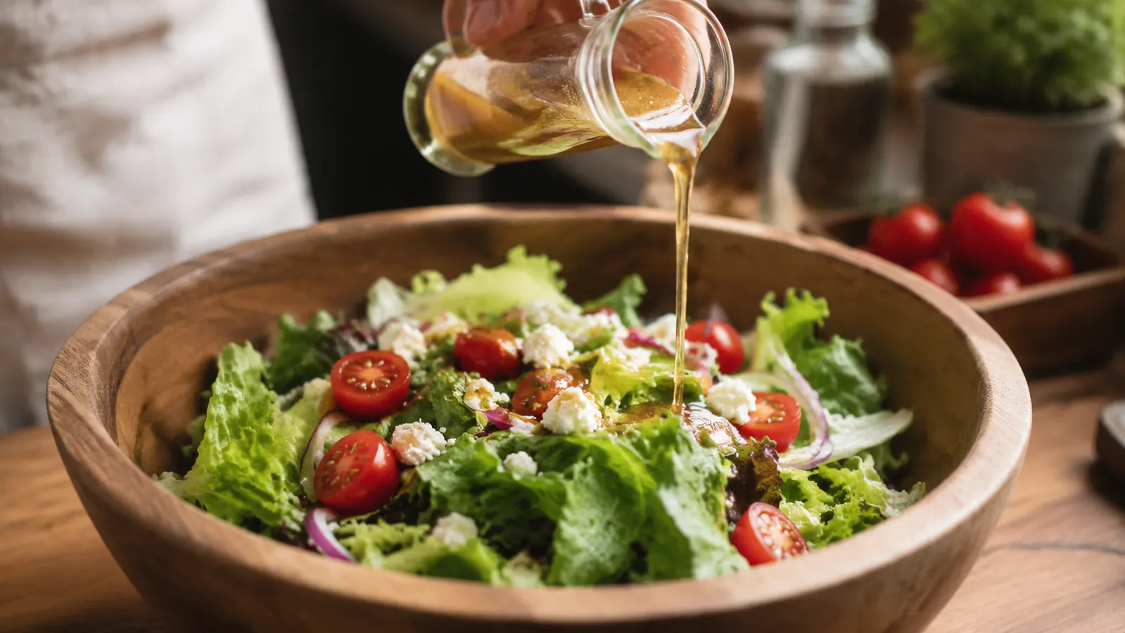 A finished green salad in a wooden bowl with visibly dry, crisp lettuce leaves and dressing being poured over the top
