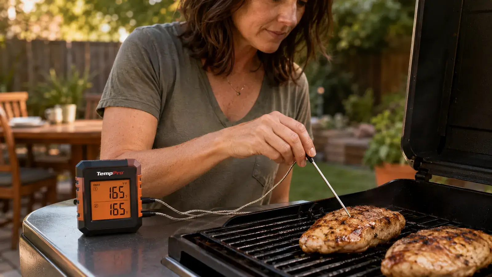 Hand inserting a red silicone-tipped probe into a chicken breast on a grill grate